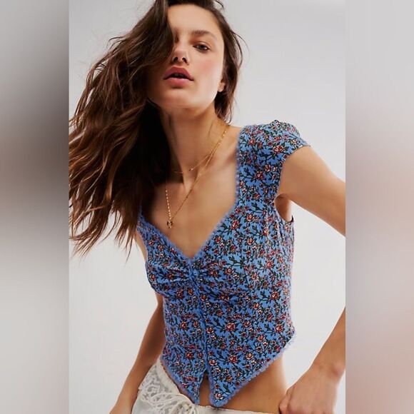 Free People Faye Printed Top in Blue Lake Combo size Medium
